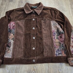 Vintage Lemon Grass Brown Cord Floral Jacket Whimsigoth Cottagecore Goblincore